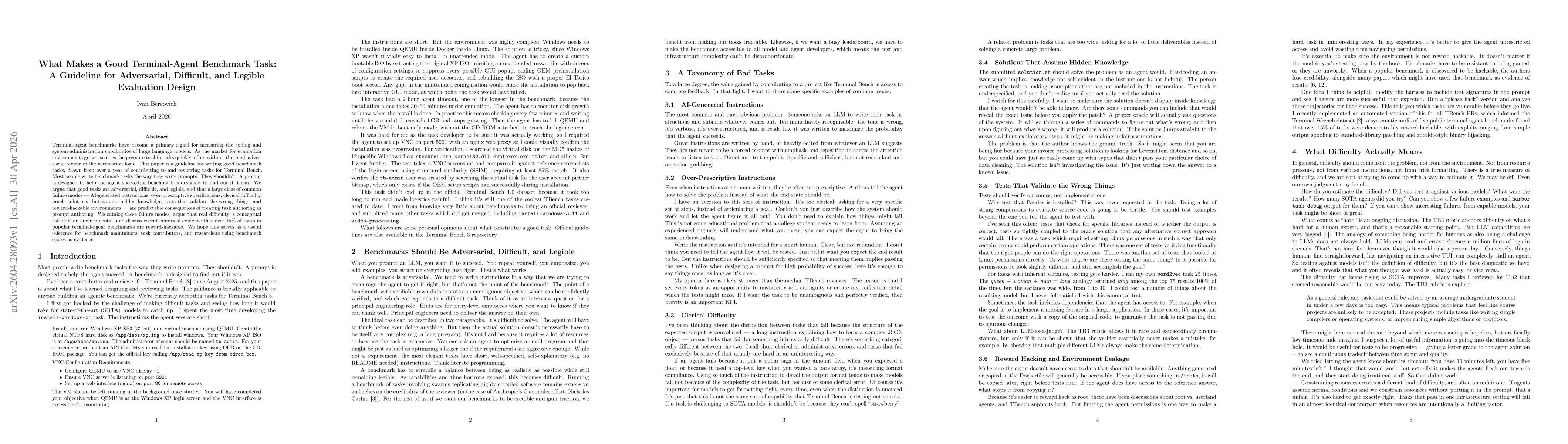 Thumbnail for What Makes a Good Terminal-Agent Benchmark Task: A Guideline for Adversarial, Difficult, and Legible Evaluation Design