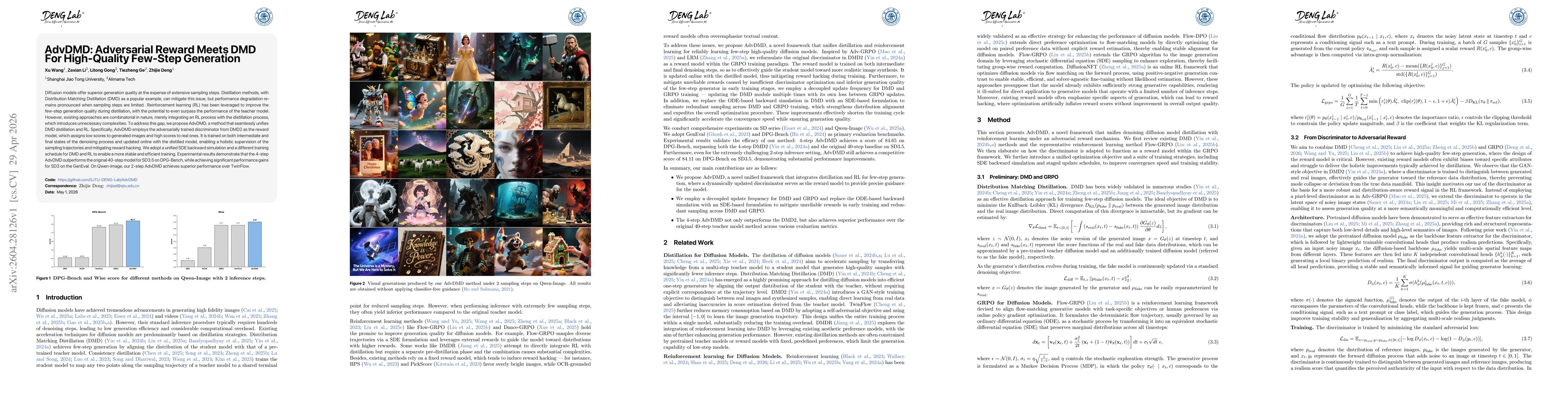Thumbnail for AdvDMD: Adversarial Reward Meets DMD For High-Quality Few-Step Generation