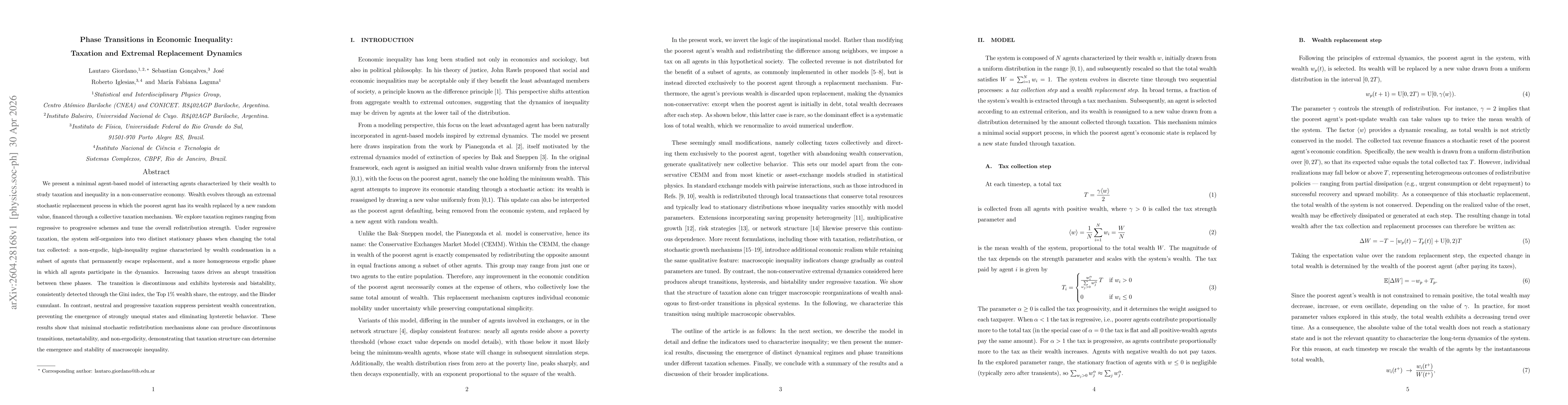 Thumbnail for Phase Transitions in Economic Inequality:Taxation and Extremal Replacement Dynamics