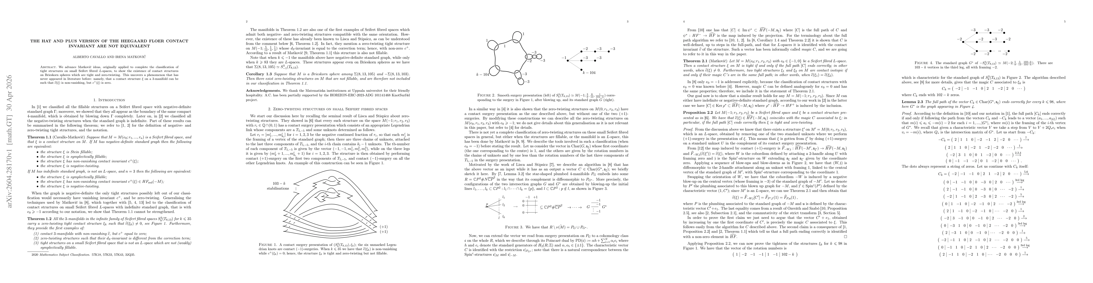 Thumbnail for The hat and plus version of the Heegaard Floer contact invariant are not equivalent