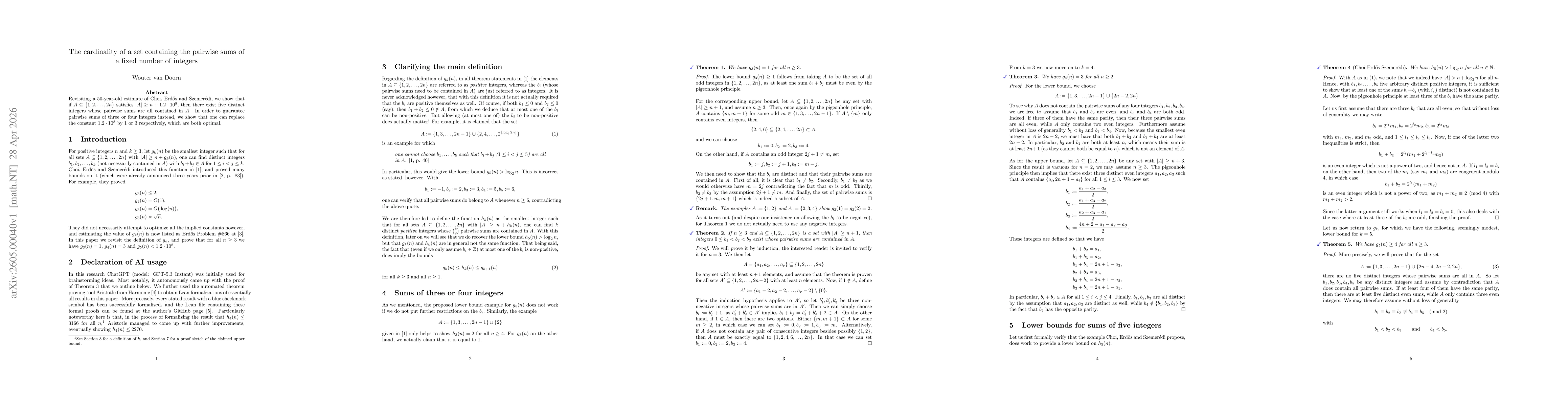 Thumbnail for The cardinality of a set containing the pairwise sums of a fixed number of integers