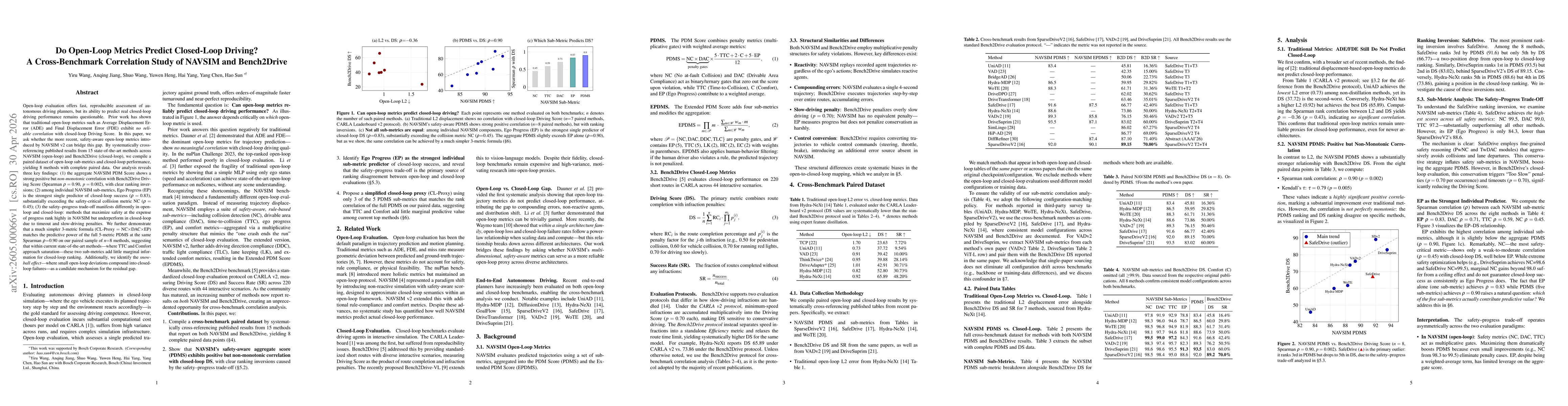 Thumbnail for Do Open-Loop Metrics Predict Closed-Loop Driving? A Cross-Benchmark Correlation Study of NAVSIM and Bench2Drive