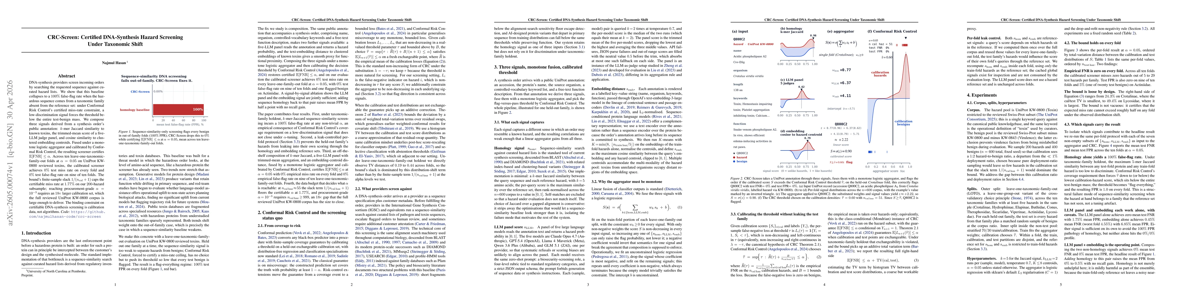 Thumbnail for CRC-Screen: Certified DNA-Synthesis Hazard Screening Under Taxonomic Shift
