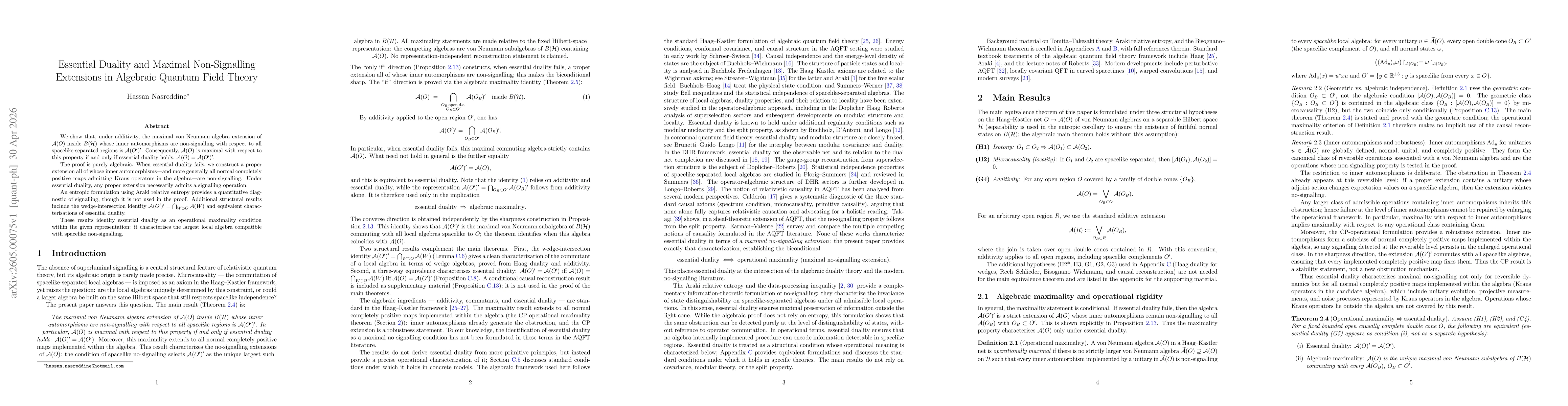 Thumbnail for Essential Duality and Maximal Non-signalling Extensions in Algebraic Quantum Field Theory