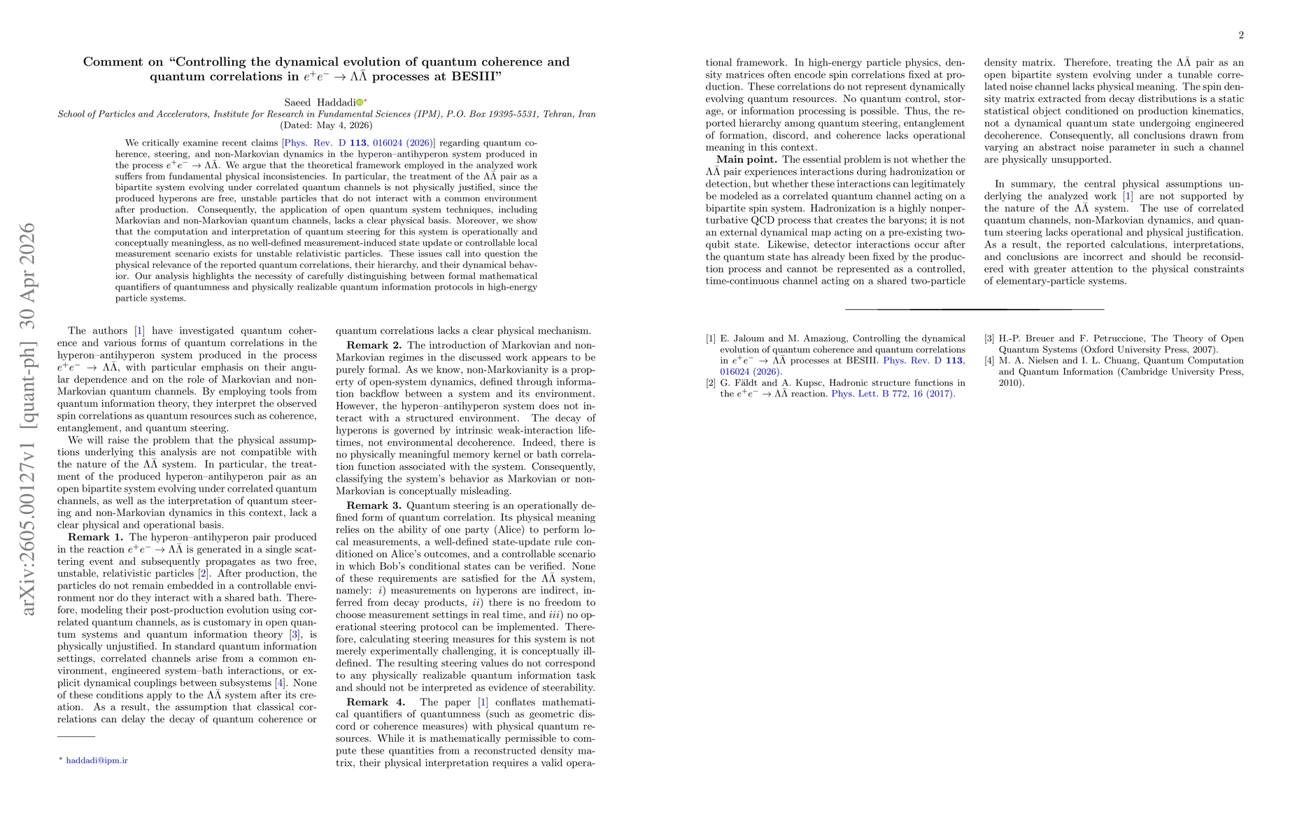 Thumbnail for Comment on "Controlling the dynamical evolution of quantum coherence and quantum correlations in $e^{+} e^{-} \rightarrow Λ\barΛ$ processes at BESIII''