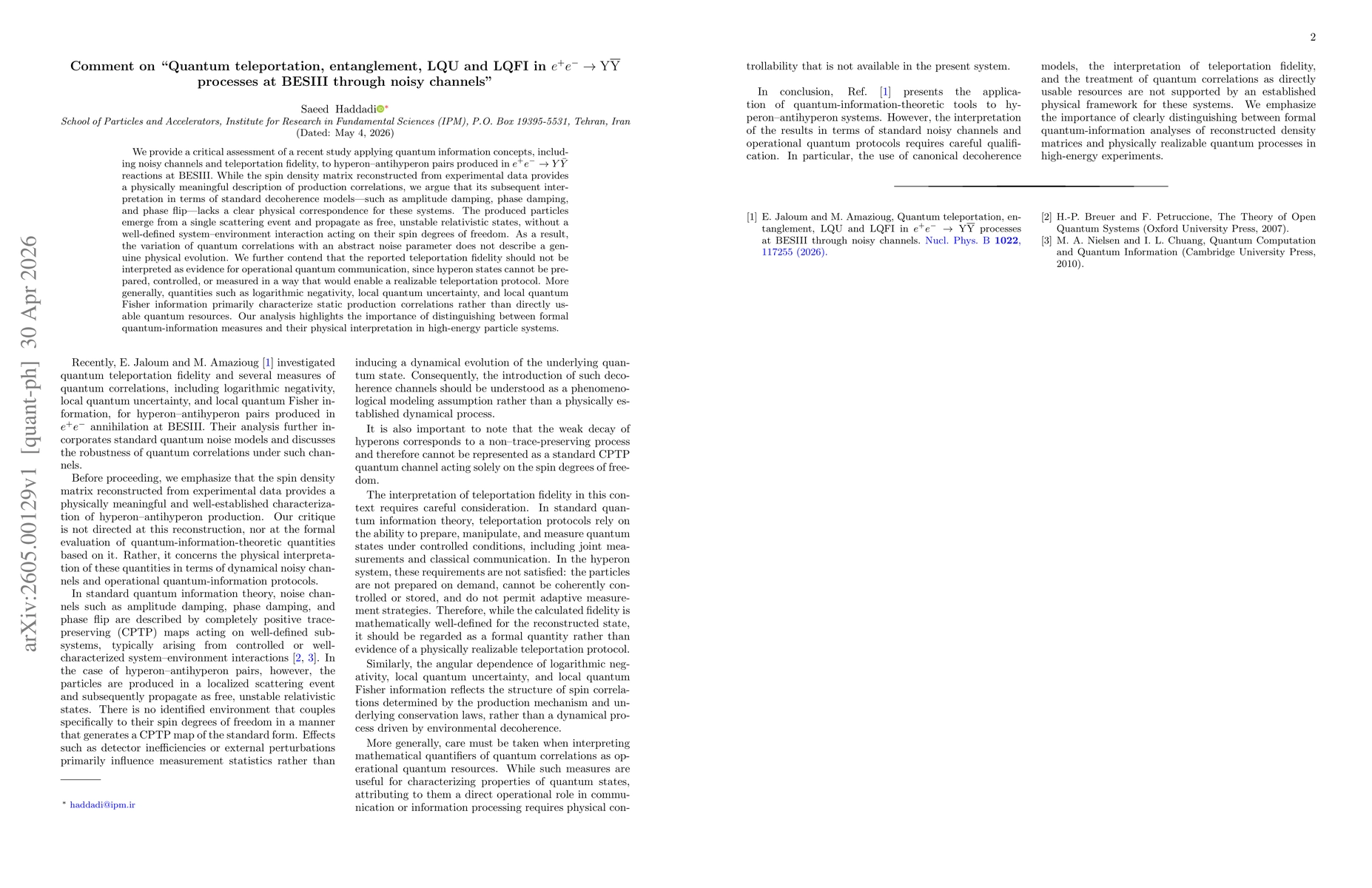 Thumbnail for Comment on "Quantum teleportation, entanglement, LQU and LQFI in $e^{+} e^{-} \rightarrow \mathrm{Y} \overline{\mathrm{Y}}$ processes at BESIII through noisy channels''