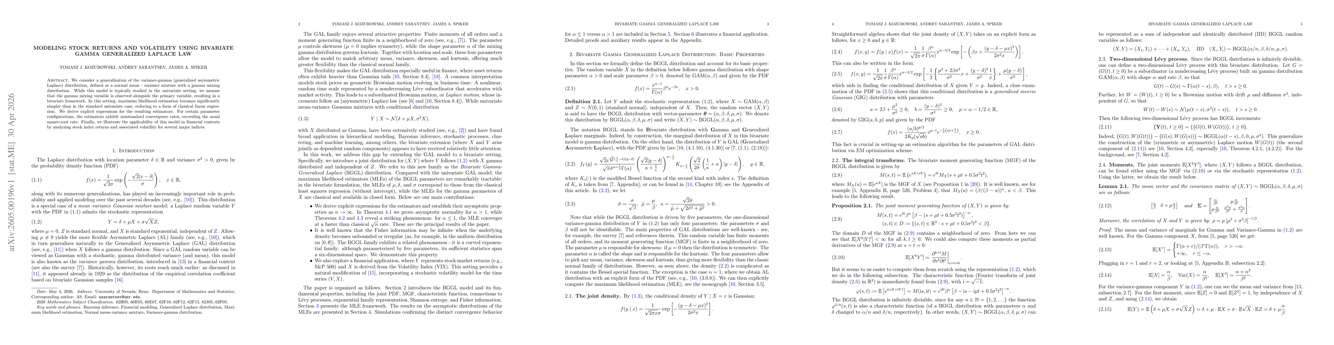 Thumbnail for Modeling Stock Returns and Volatility Using Bivariate Gamma Generalized Laplace Law