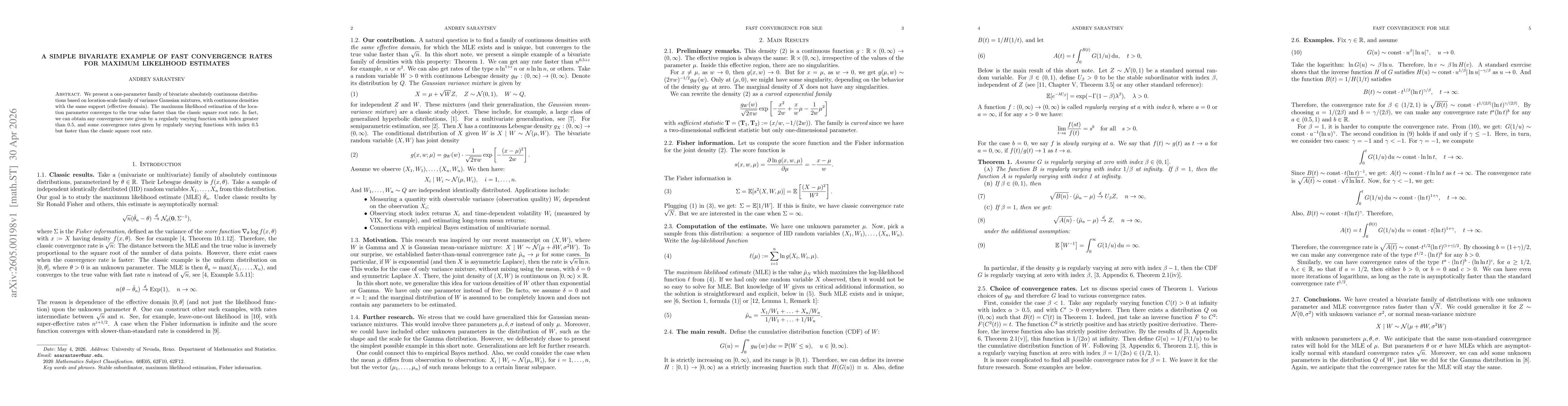Thumbnail for A Simple Bivariate Example of Fast Convergence Rates for Maximum Likelihood Estimates