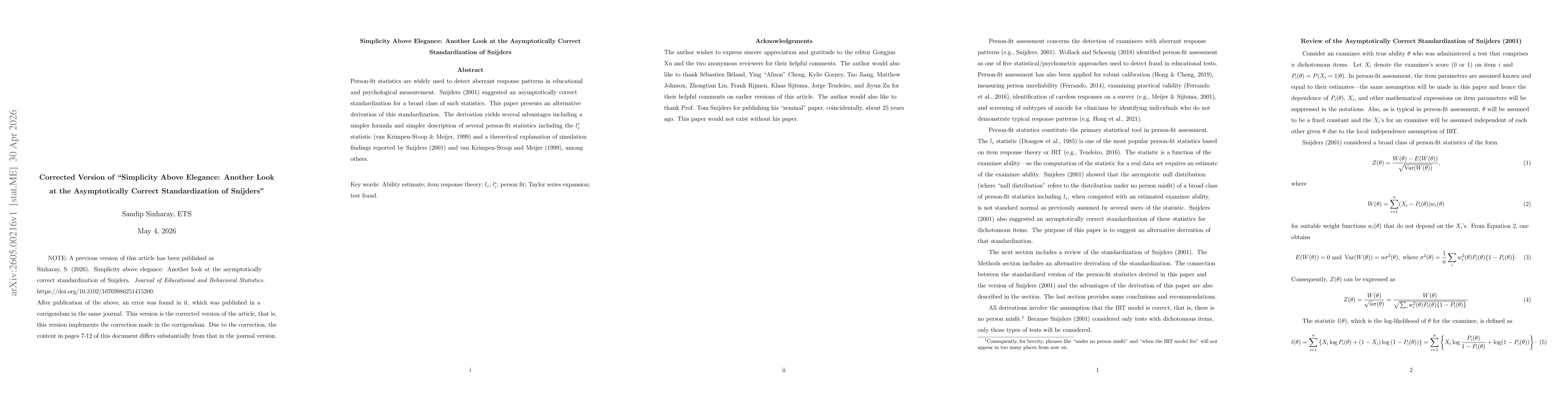Thumbnail for Simplicity Above Elegance: Another Look at the Asymptotically Correct Standardization of Snijders