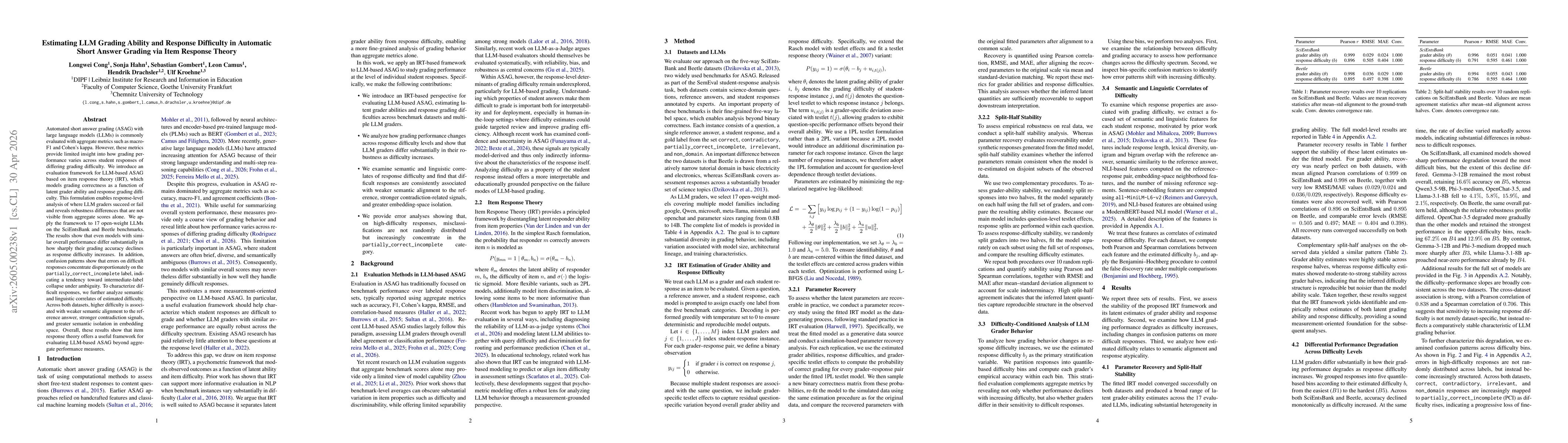 Thumbnail for Estimating LLM Grading Ability and Response Difficulty in Automatic Short Answer Grading via Item Response Theory