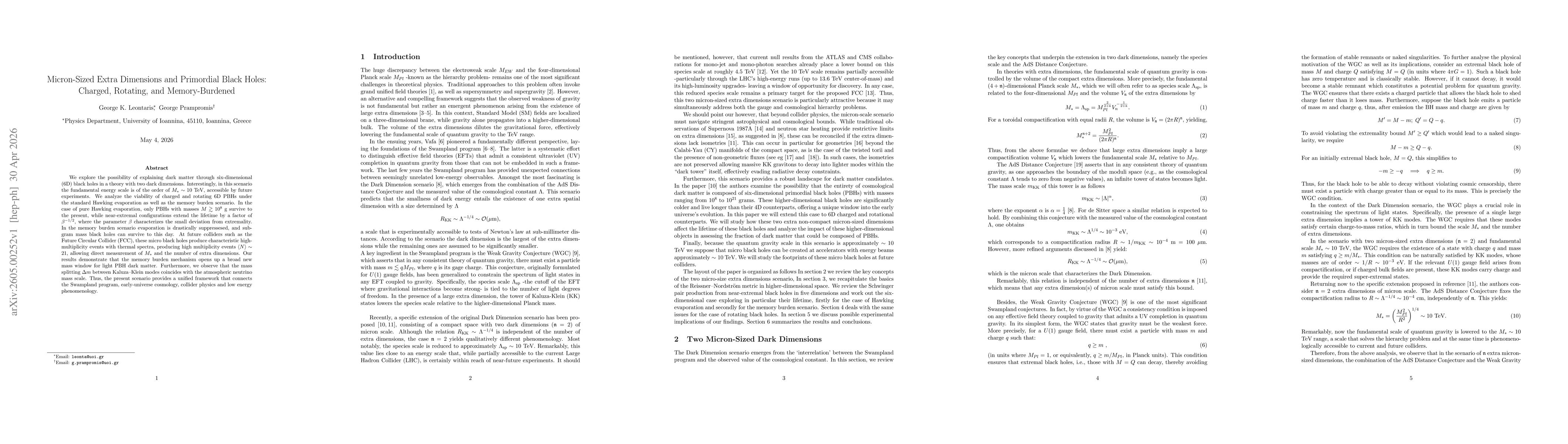 Thumbnail for Micron-sized Extra Dimensions and Primordial Black Holes: Charges, Rotating, and Memory Burdened