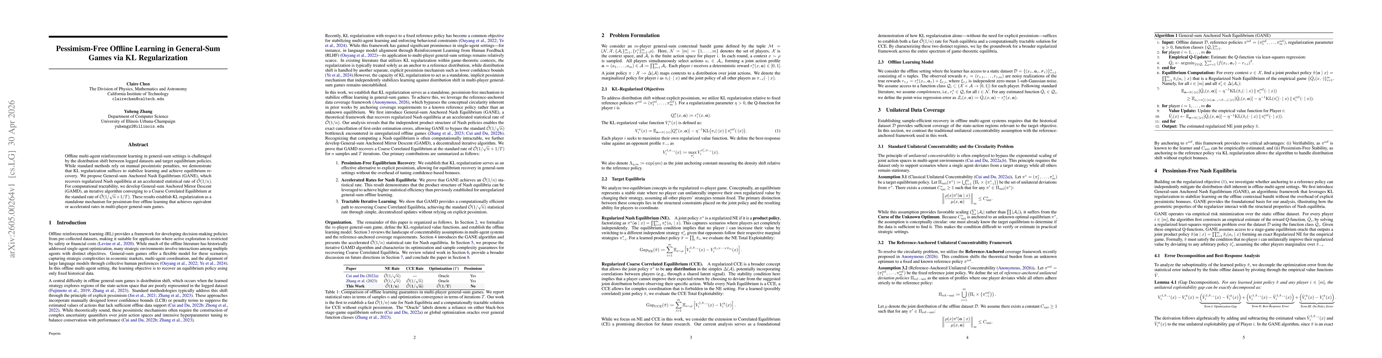 Thumbnail for Pessimism-Free Offline Learning in General-Sum Games via KL Regularization