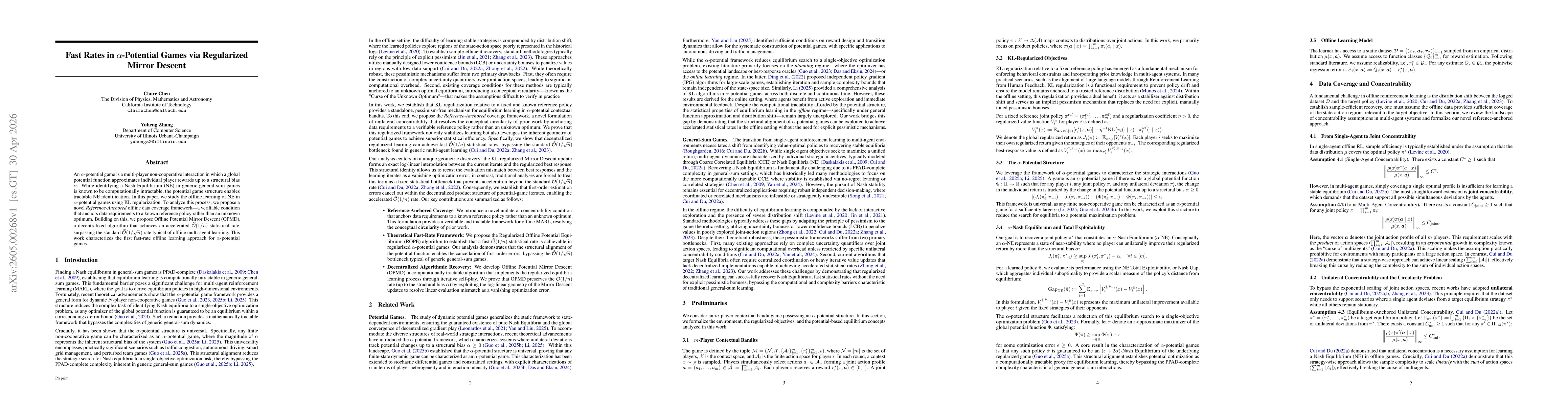 Thumbnail for Fast Rates in $α$-Potential Games via Regularized Mirror Descent