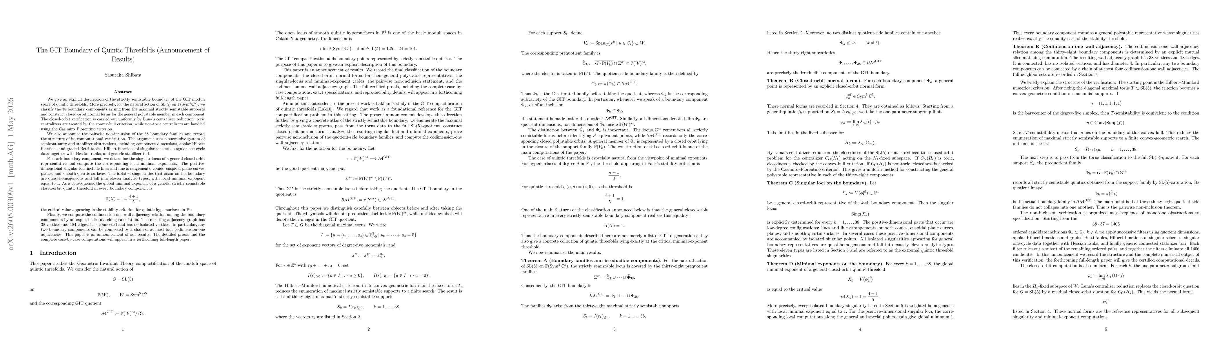 Thumbnail for The GIT Boundary of Quintic Threefolds (Announcement of Results)