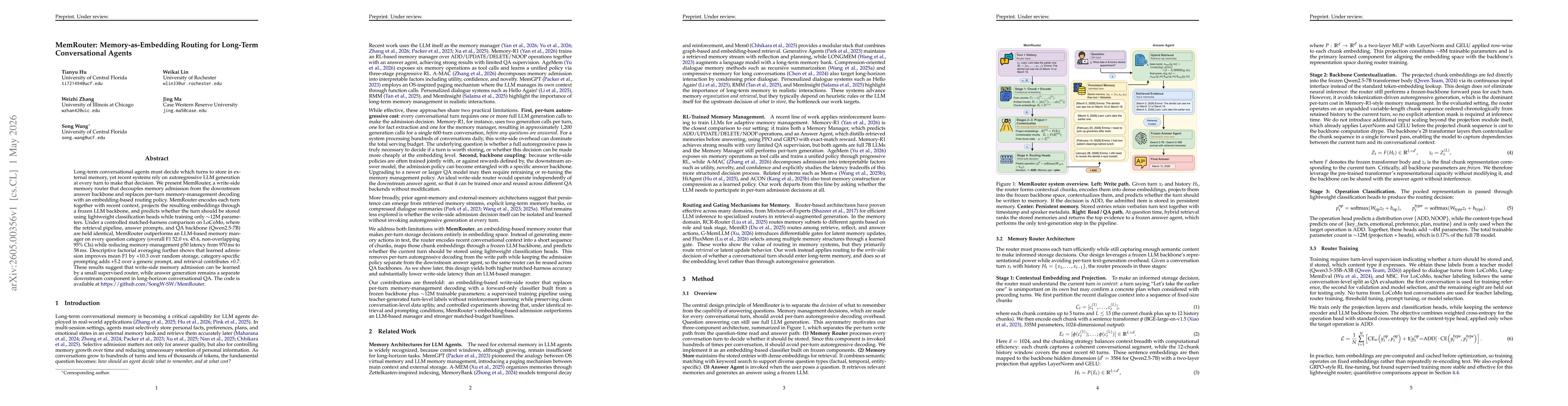 Thumbnail for MemRouter: Memory-as-Embedding Routing for Long-Term Conversational Agents