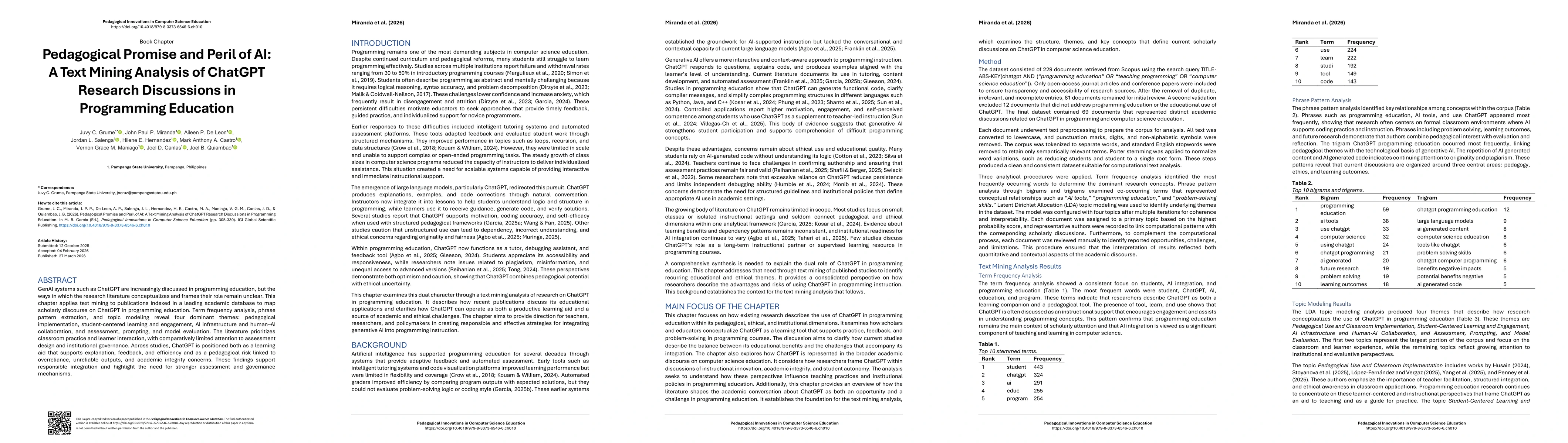 Thumbnail for Pedagogical Promise and Peril of AI: A Text Mining Analysis of ChatGPT Research Discussions in Programming Education