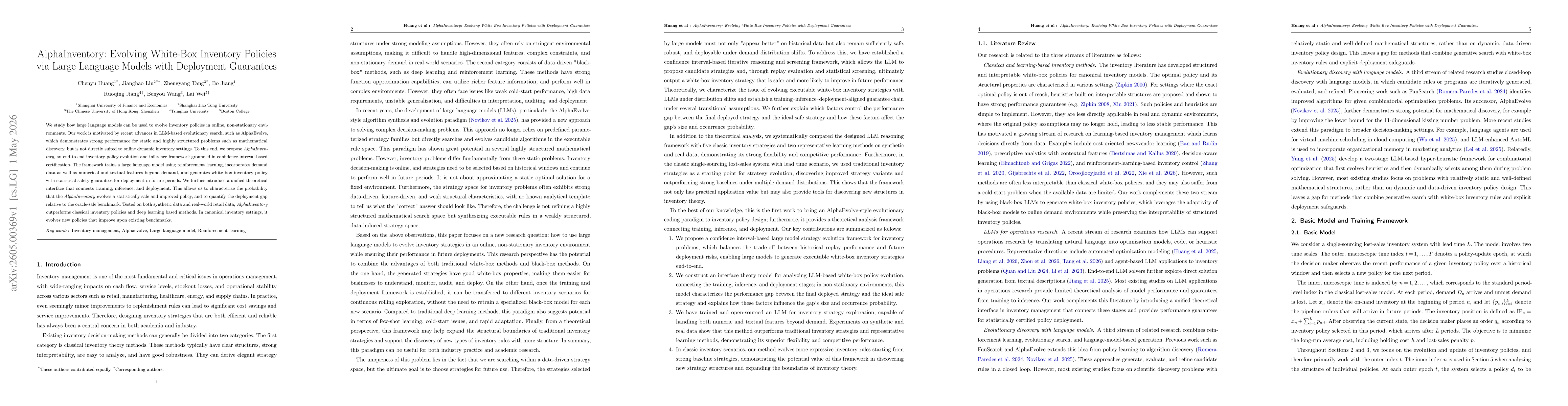 Thumbnail for AlphaInventory: Evolving White-Box Inventory Policies via Large Language Models with Deployment Guarantees