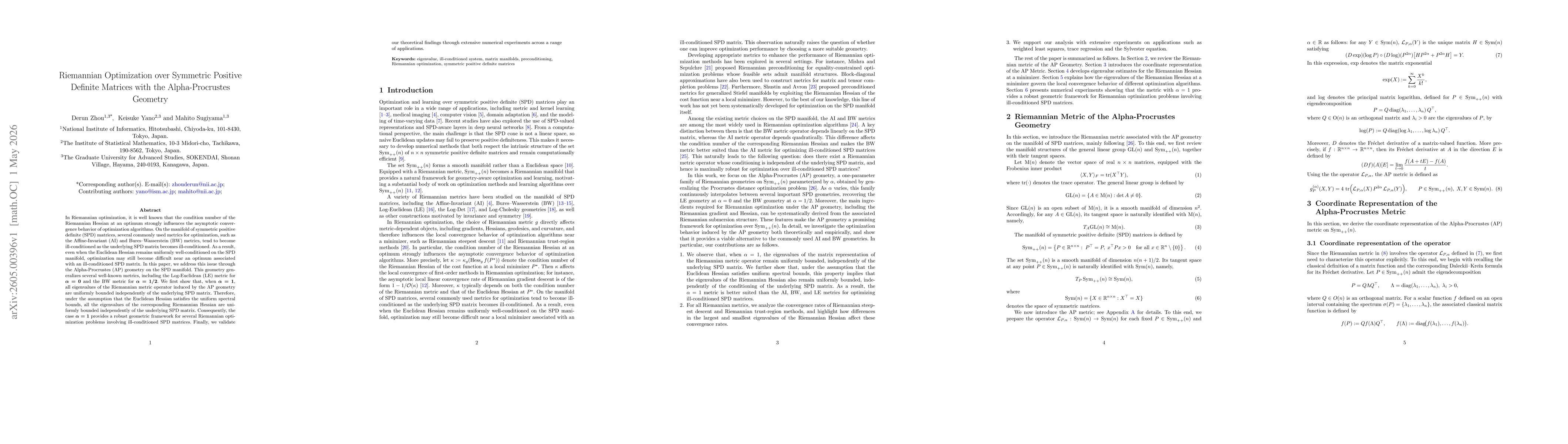 Thumbnail for Riemannian Optimization over Symmetric Positive Definite Matrices with the Alpha-Procrustes Geometry