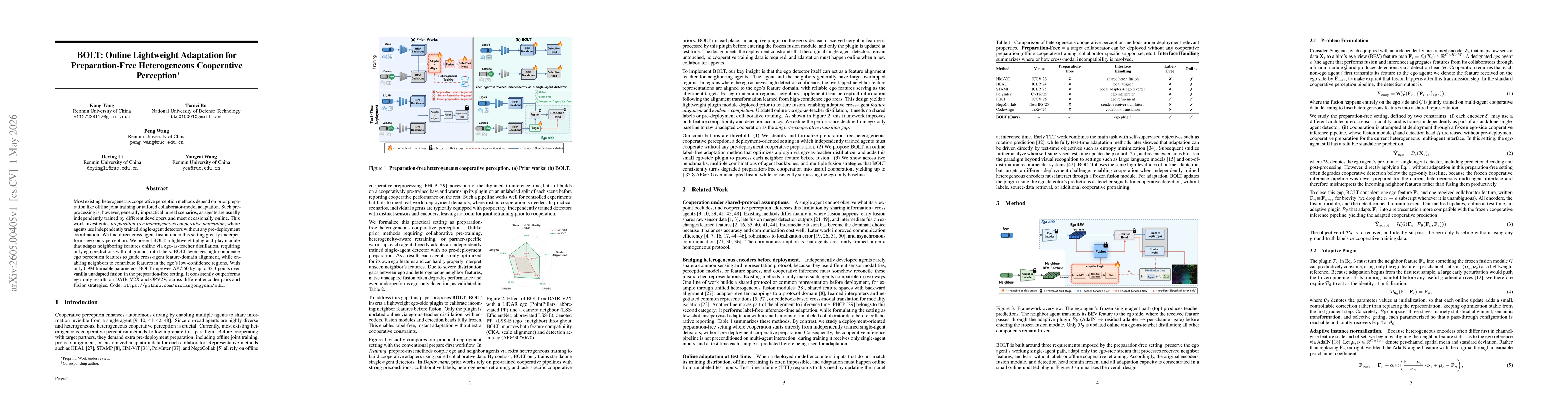 Thumbnail for BOLT: Online Lightweight Adaptation for Preparation-Free Heterogeneous Cooperative Perception