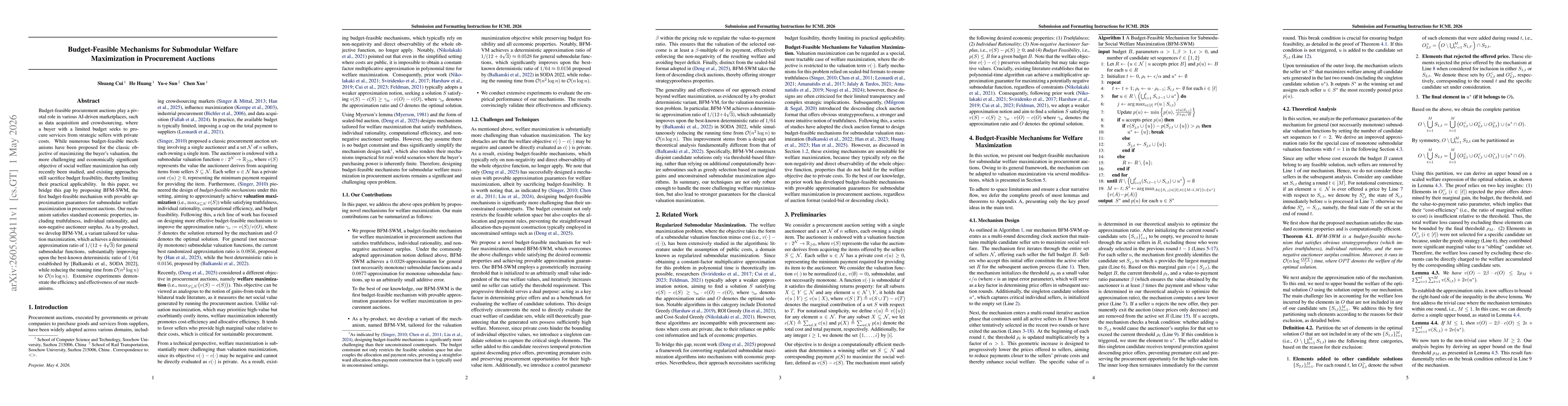 Thumbnail for Budget-Feasible Mechanisms for Submodular Welfare Maximization in Procurement Auctions