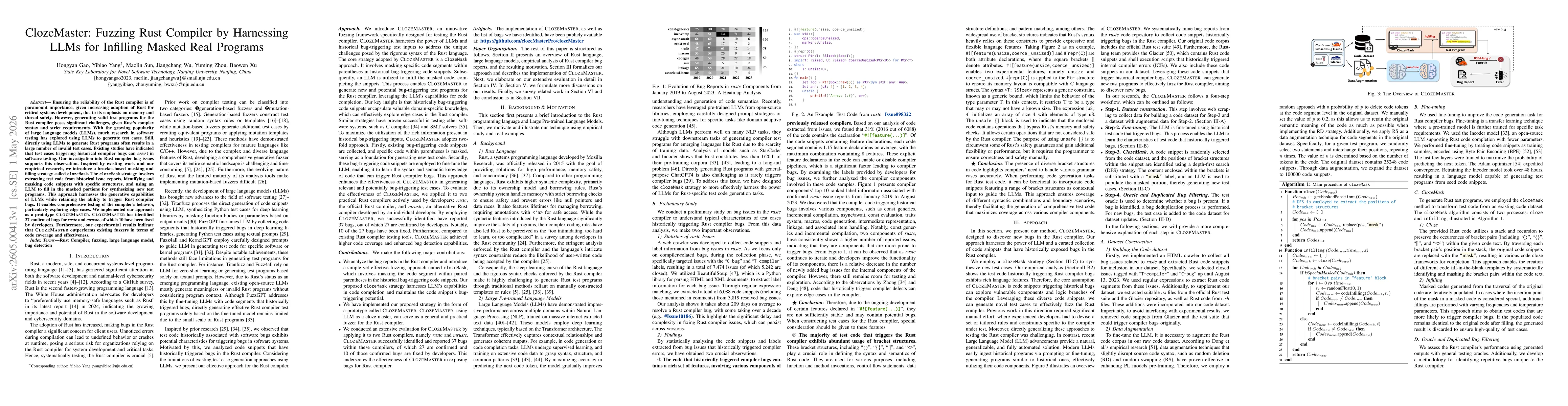 Thumbnail for ClozeMaster: Fuzzing Rust Compiler by Harnessing LLMs for Infilling Masked Real Programs