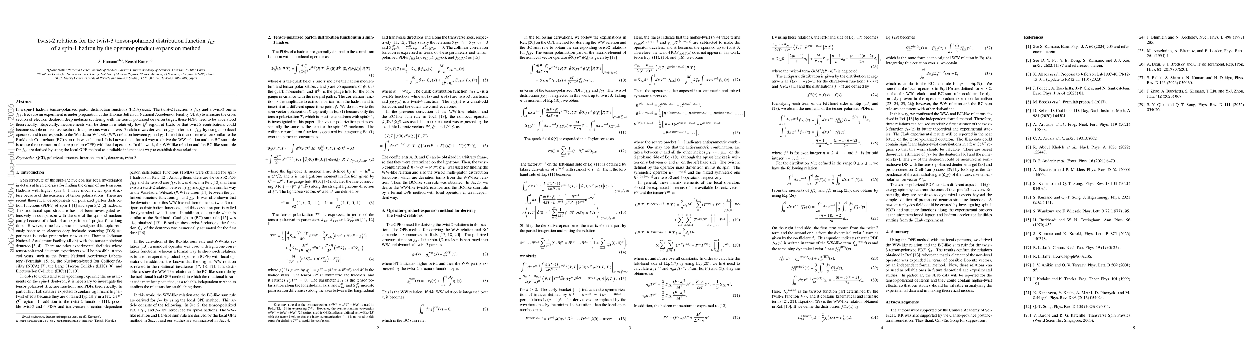 Thumbnail for Twist-2 relations for the twist-3 tensor-polarized distribution function $f_{LT}$ of a spin-1 hadron by the operator-product-expansion method