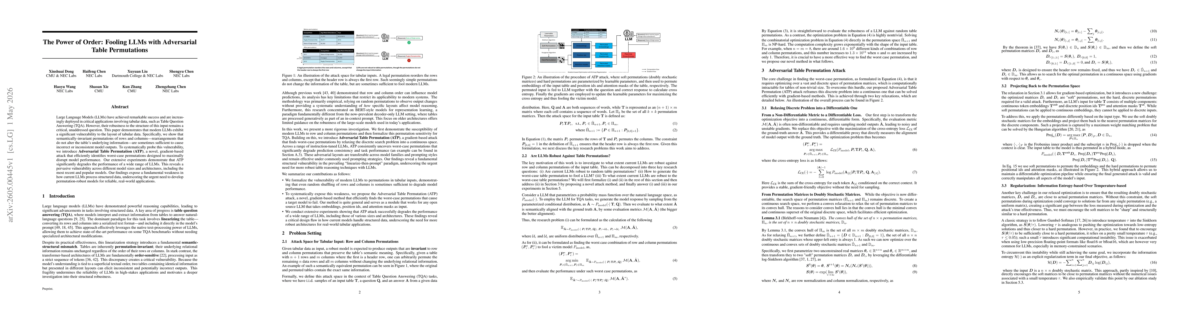 Thumbnail for The Power of Order: Fooling LLMs with Adversarial Table Permutations