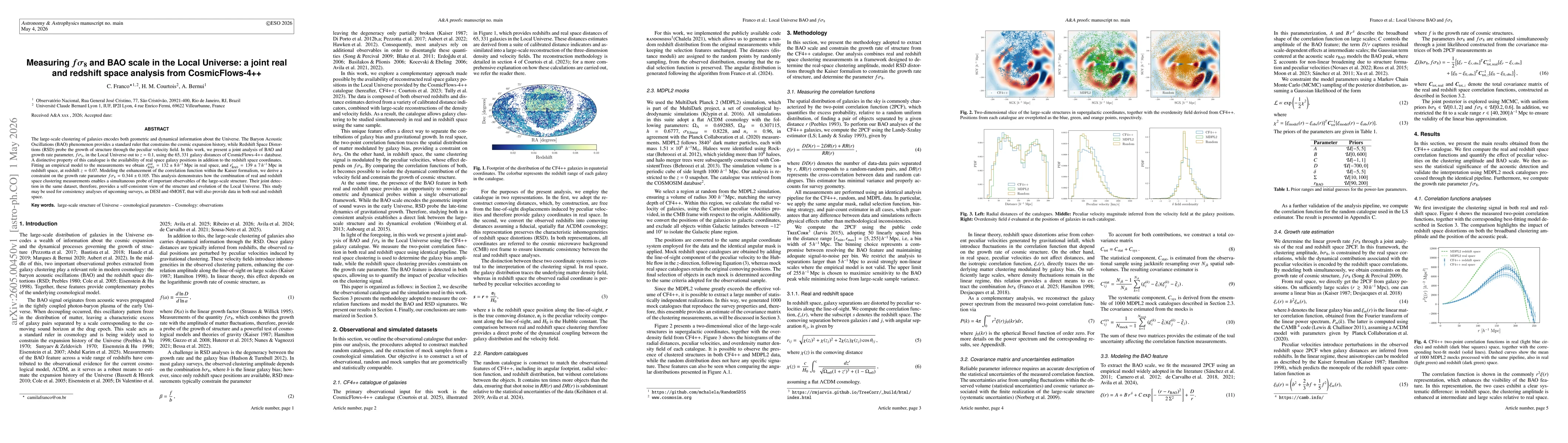 Thumbnail for Measuring $fσ_8$ and BAO scale in the Local Universe: a joint real and redshift space analysis from CosmicFlows-4++