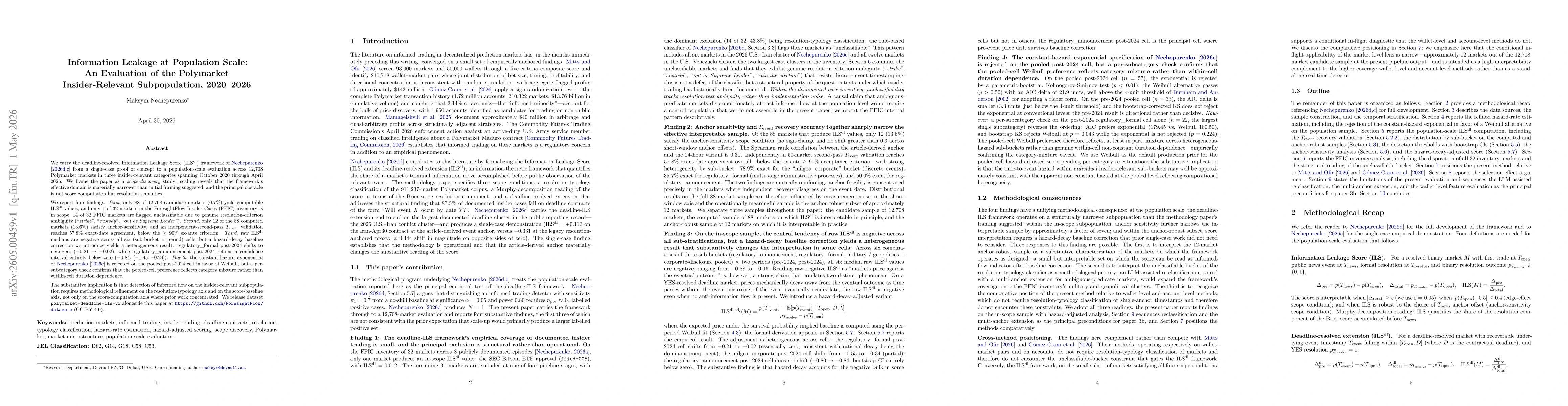 Thumbnail for Information Leakage at Population Scale: An Evaluation of the Polymarket Insider-Relevant Subpopulation, 2020-2026