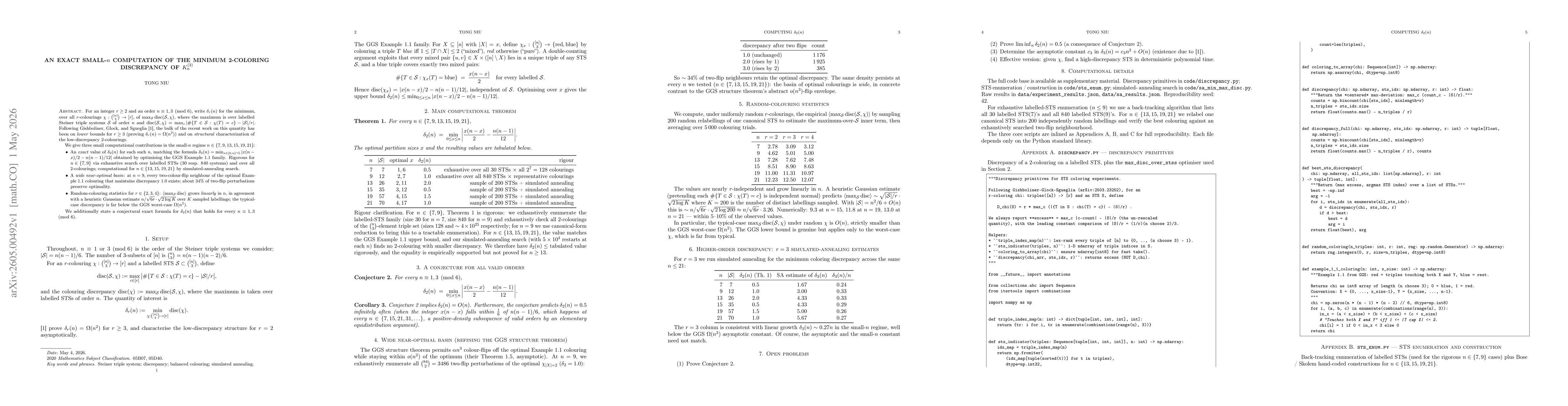 Thumbnail for An exact small-$n$ computation of the minimum 2-coloring discrepancy of $K_n^{(3)}$