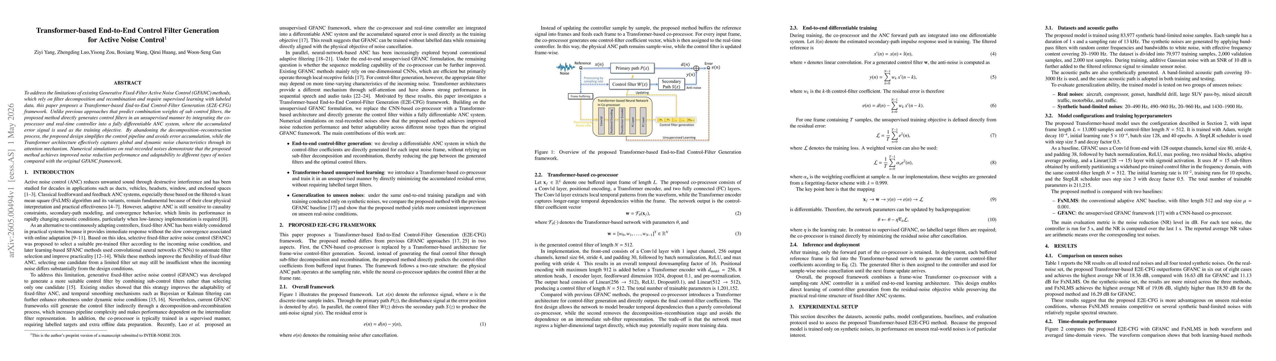 Thumbnail for Transformer-based End-to-End Control Filter Generation for Active Noise Control