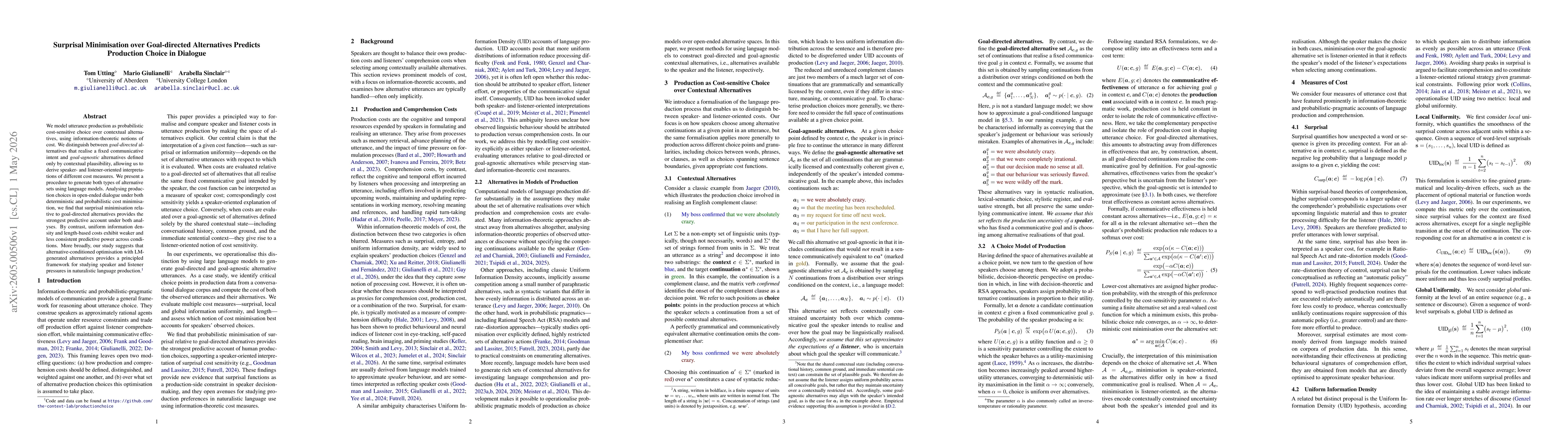 Thumbnail for Surprisal Minimisation over Goal-directed Alternatives Predicts Production Choice in Dialogue