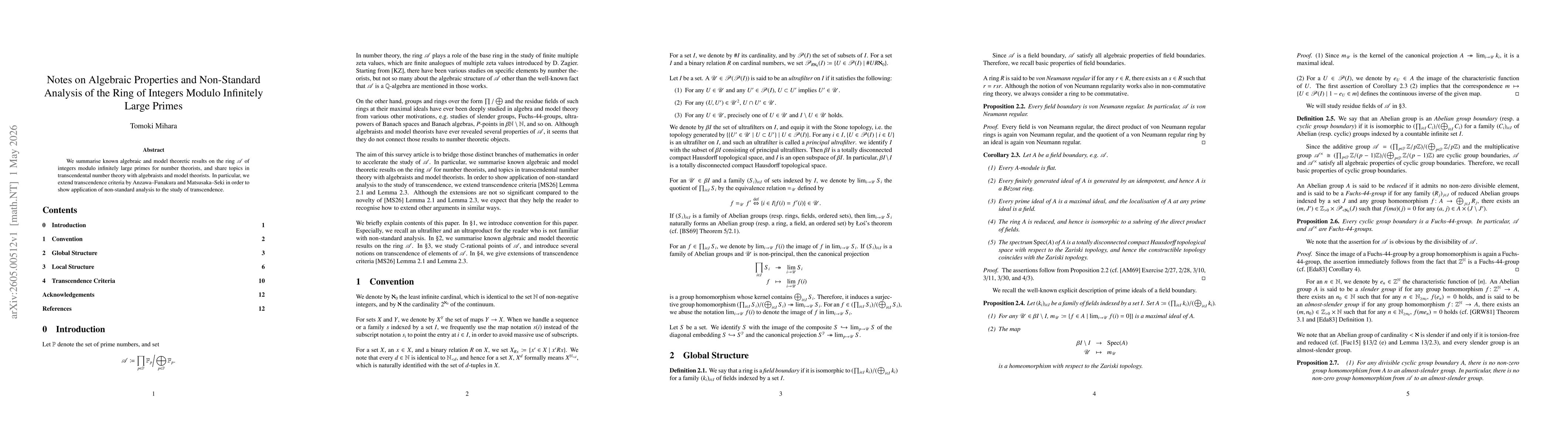 Thumbnail for Notes on Algebraic Properties and Non-Standard Analysis of the Ring of Integers Modulo Infinitely Large Primes