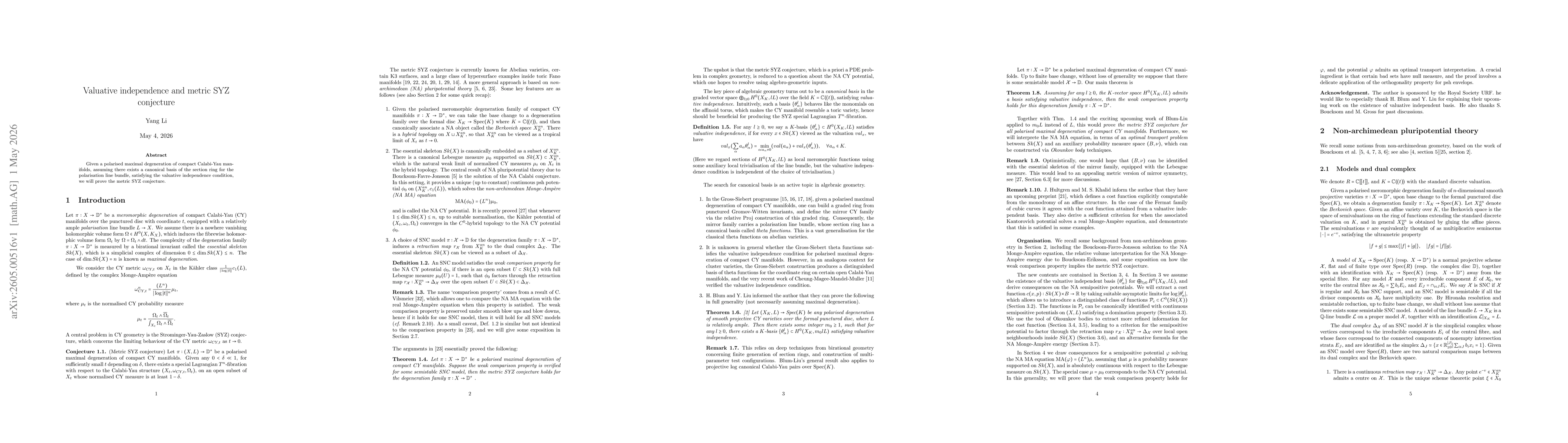 Thumbnail for Valuative independence and metric SYZ conjecture