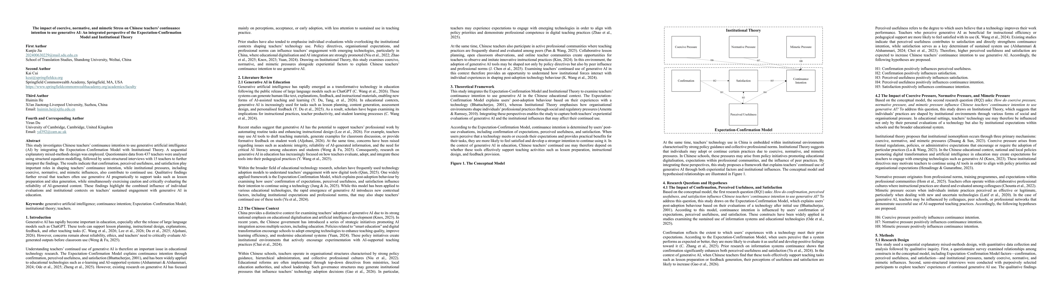 Thumbnail for The impact of coercive, normative, and mimetic Stress on Chinese teachers' continuance intention to use generative AI: An integrated perspective of the Expectation-Confirmation Model and Institutional Theory
