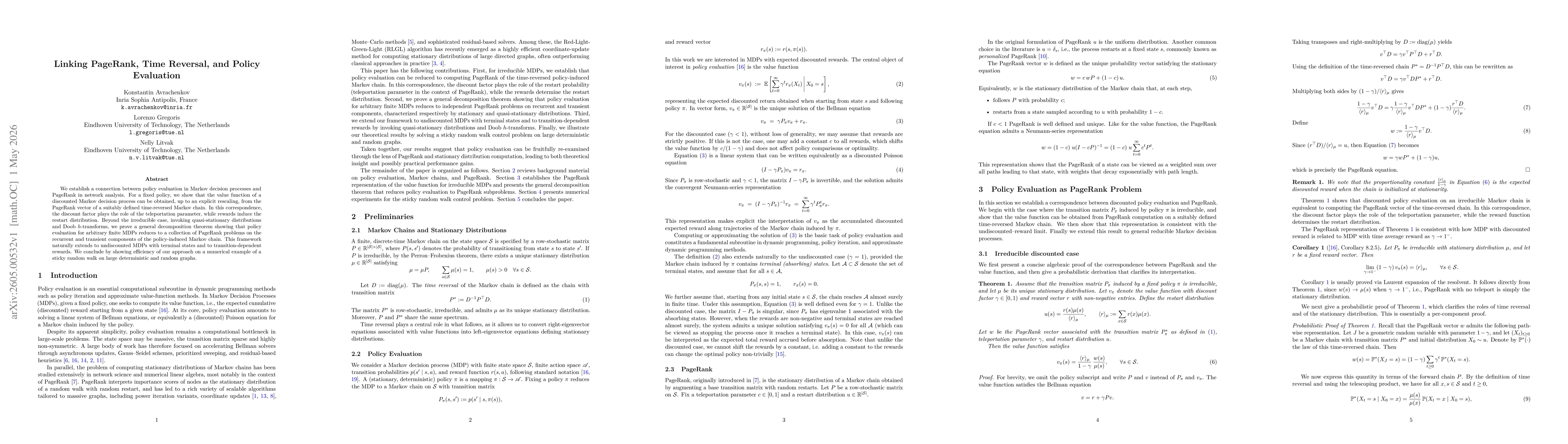 Thumbnail for Linking PageRank, Time Reversal, and Policy Evaluation