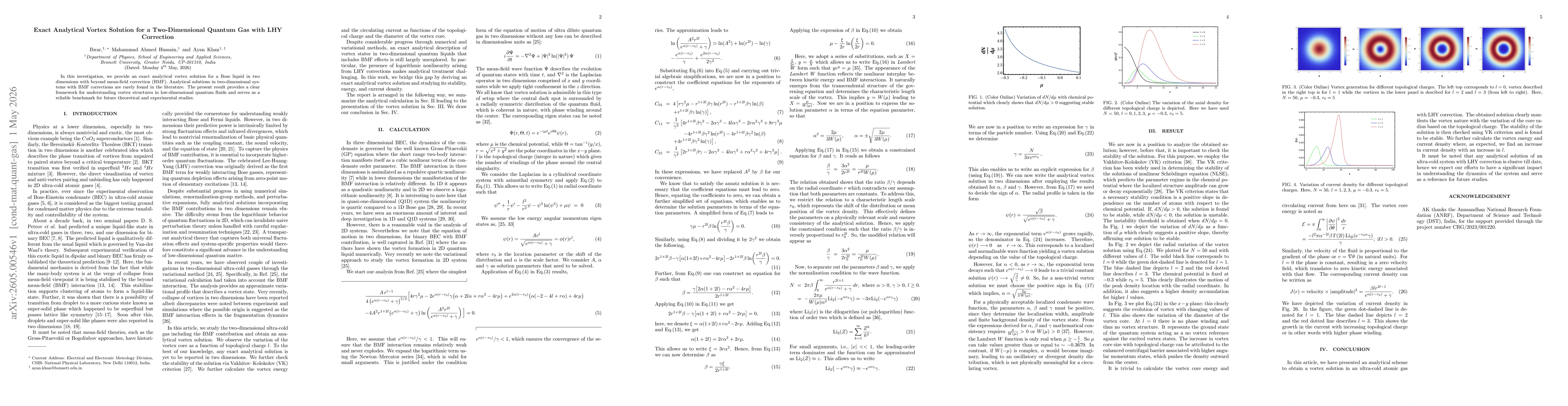 Thumbnail for Exact Analytical Vortex Solution for a Two-Dimensional Quantum Gas with LHY Correction