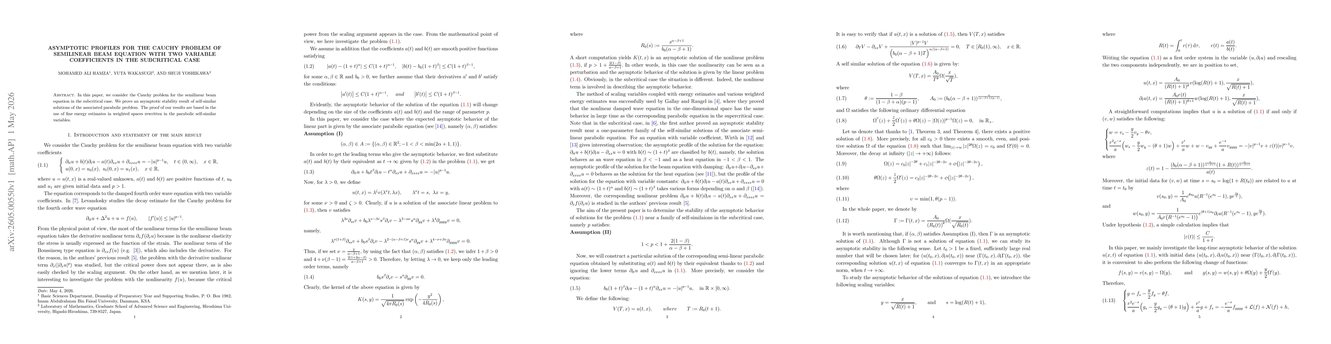 Thumbnail for Asymptotic profiles for the Cauchy problem of semilinear beam equation with two variable coefficients in the subcritical case