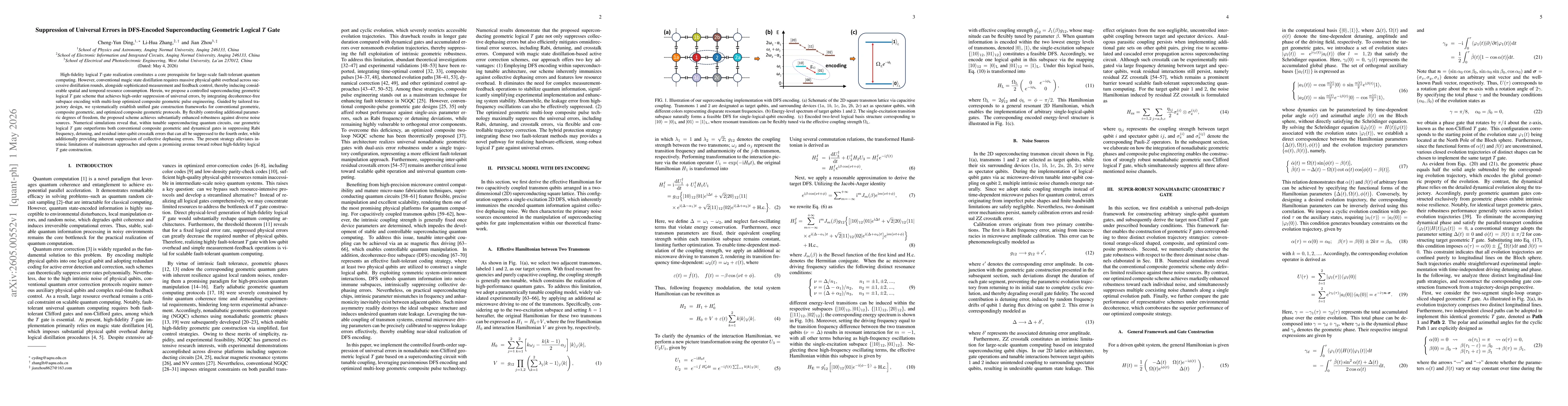 Thumbnail for Suppression of Universal Errors in DFS-Encoded Superconducting Geometric Logical \emph{T} Gate