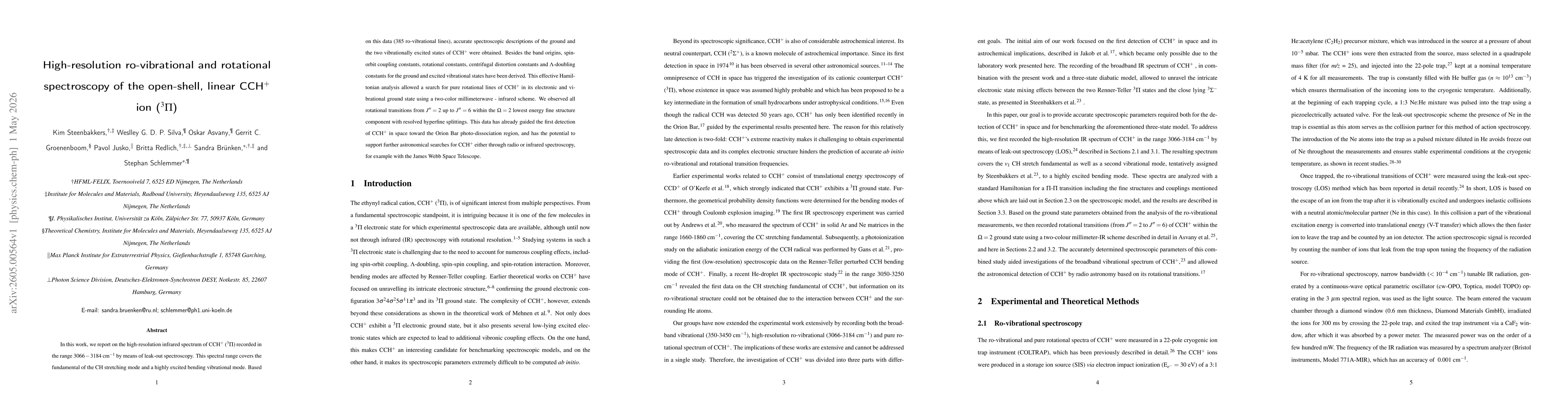 Thumbnail for High-resolution ro-vibrational and rotational spectroscopy of the open-shell, linear CCH$^+$ ion ($^3Π$)