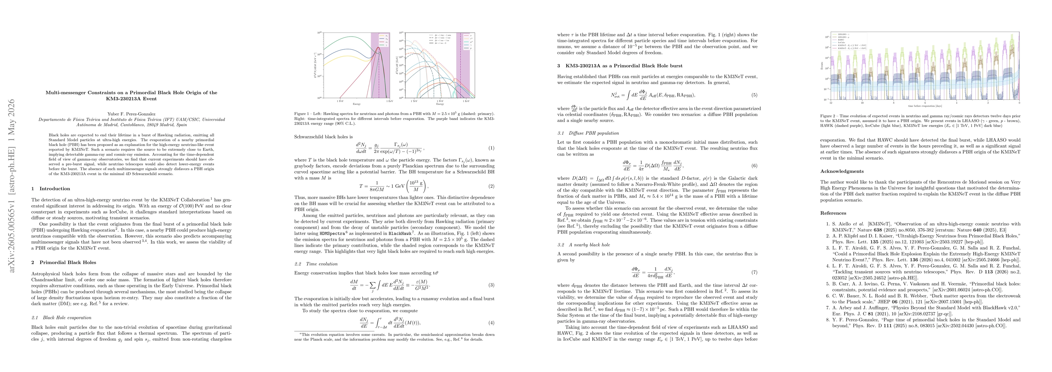 Thumbnail for Multi-messenger Constraints on a Primordial Black Hole Origin of the KM3-230213A Event