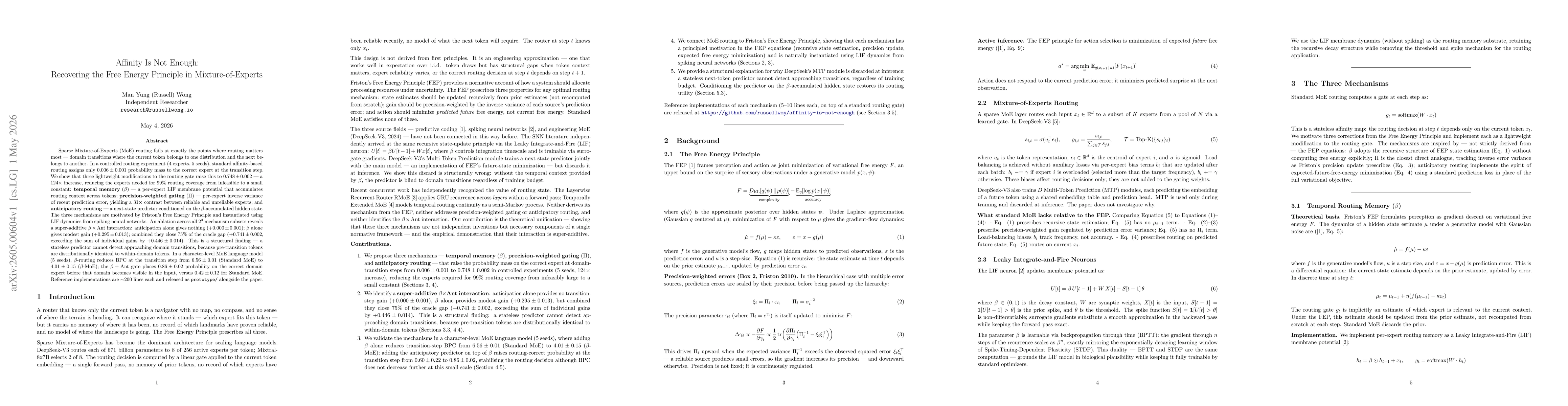Thumbnail for Affinity Is Not Enough: Recovering the Free Energy Principle in Mixture-of-Experts
