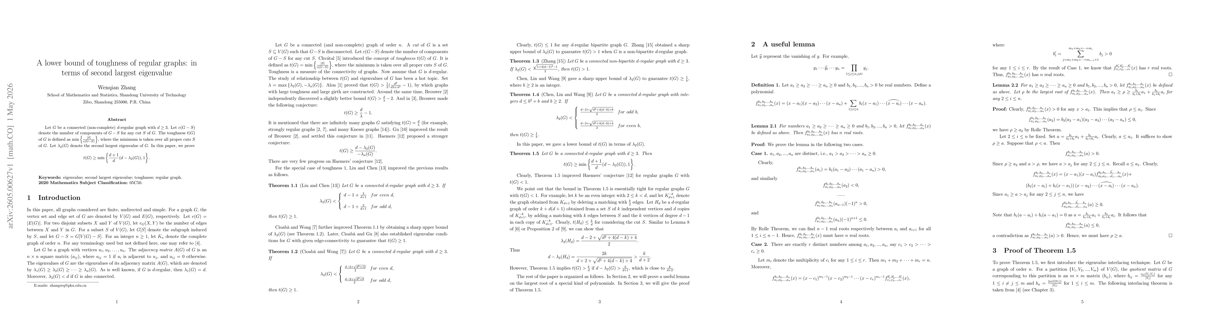 Thumbnail for A lower bound of toughness of regular graphs: in terms of second largest eigenvalue