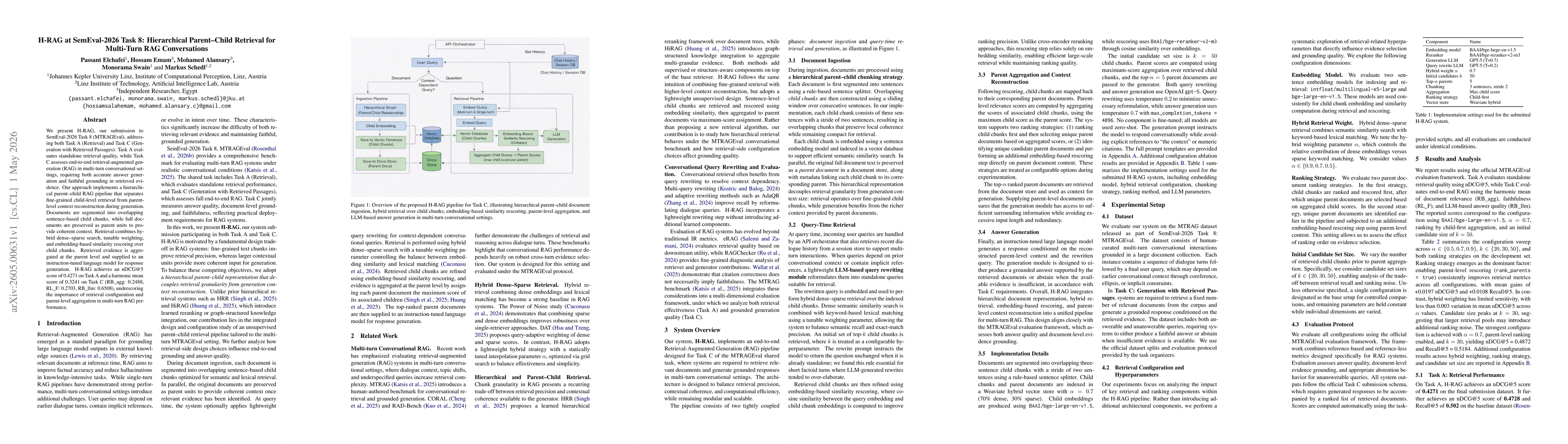Thumbnail for H-RAG at SemEval-2026 Task 8: Hierarchical Parent-Child Retrieval for Multi-Turn RAG Conversations