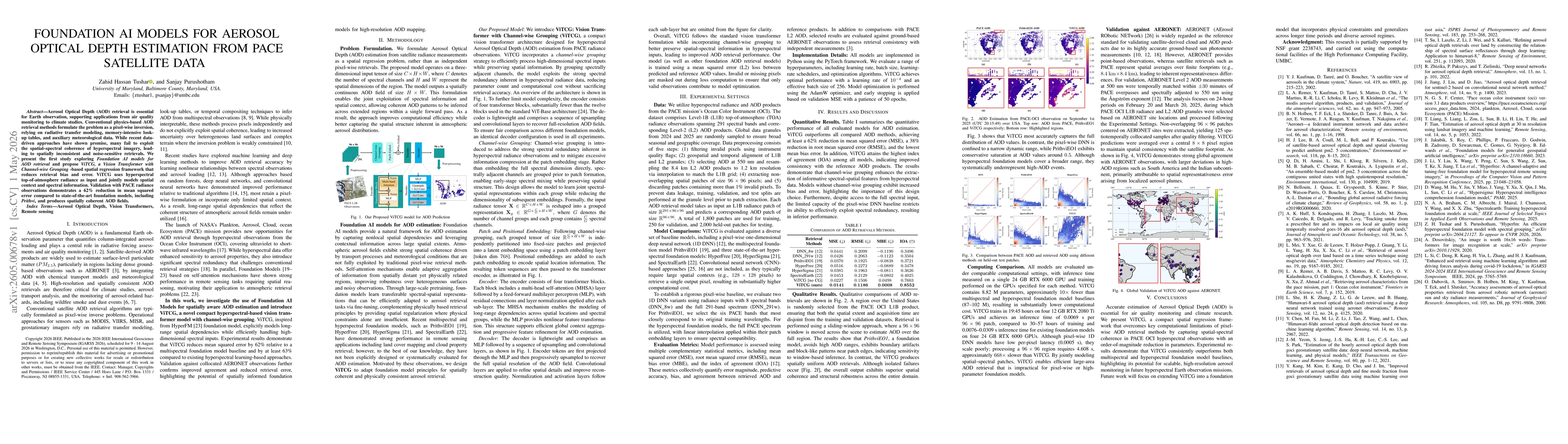 Thumbnail for Foundation AI Models for Aerosol Optical Depth Estimation from PACE Satellite Data