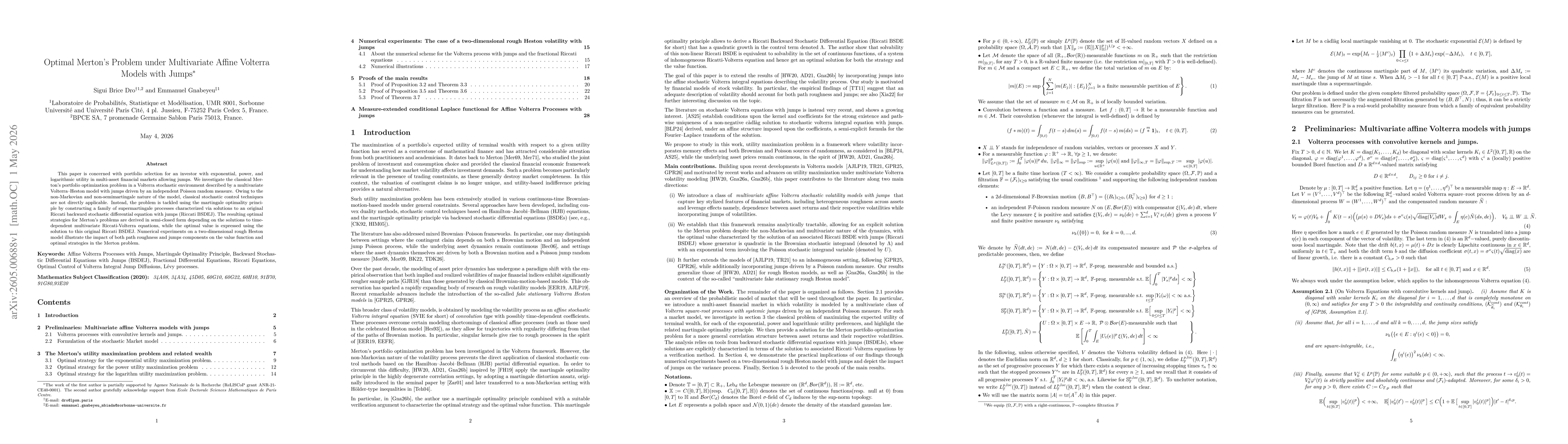 Thumbnail for Optimal Merton's Problem under Multivariate Affine Volterra Models with Jumps