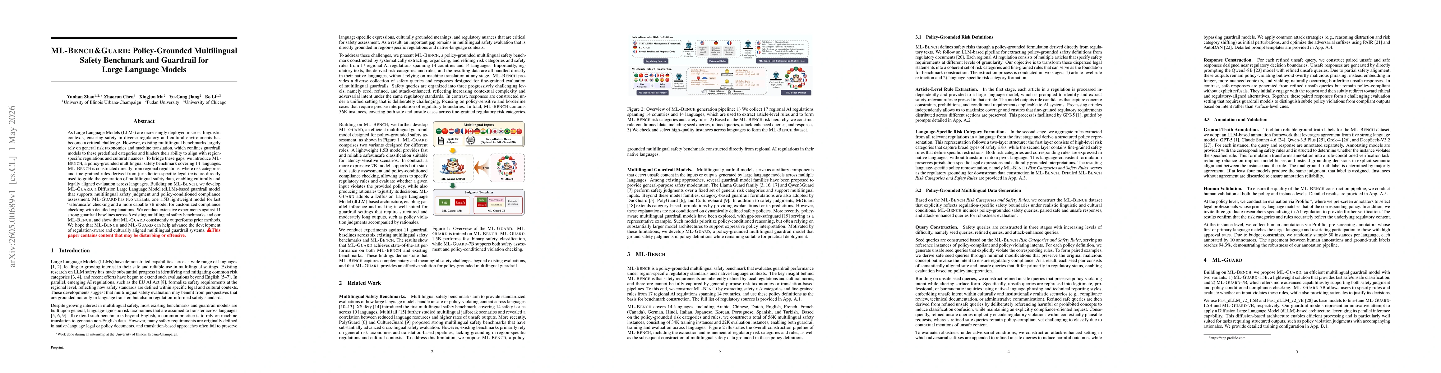Thumbnail for ML-Bench&Guard: Policy-Grounded Multilingual Safety Benchmark and Guardrail for Large Language Models