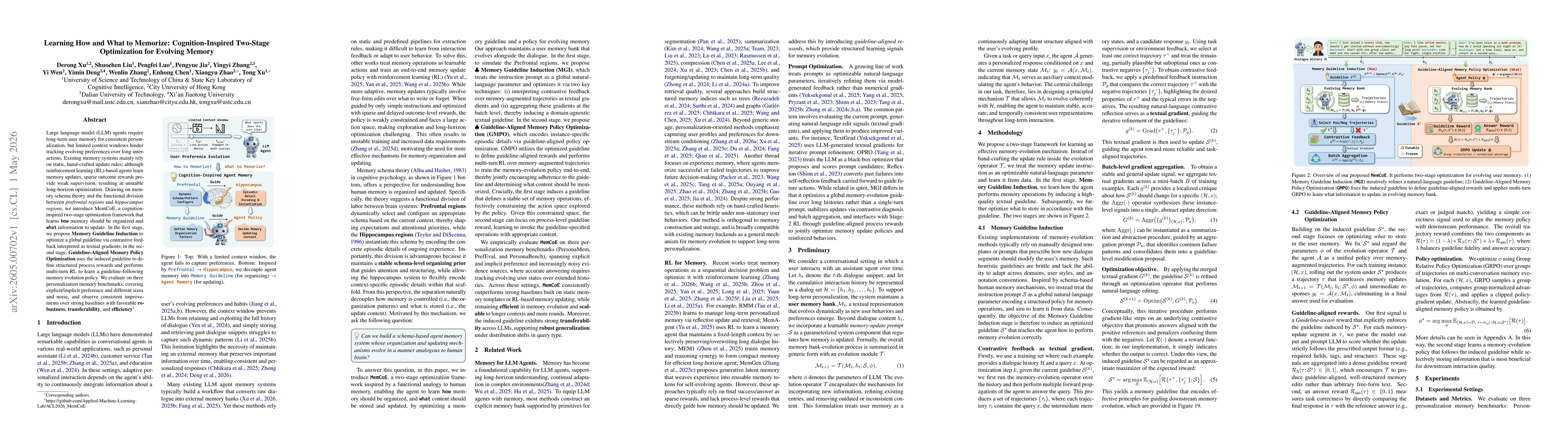 Thumbnail for Learning How and What to Memorize: Cognition-Inspired Two-Stage Optimization for Evolving Memory