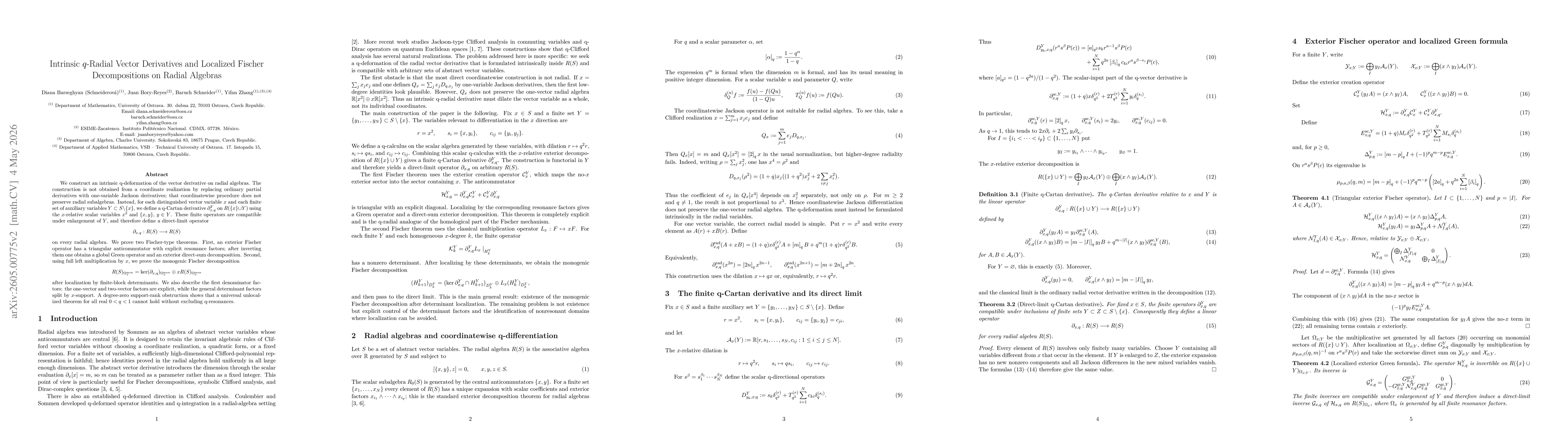 Thumbnail for Intrinsic \(q\)-Radial Vector Derivatives and Localized Fischer Decompositions on Radial Algebras