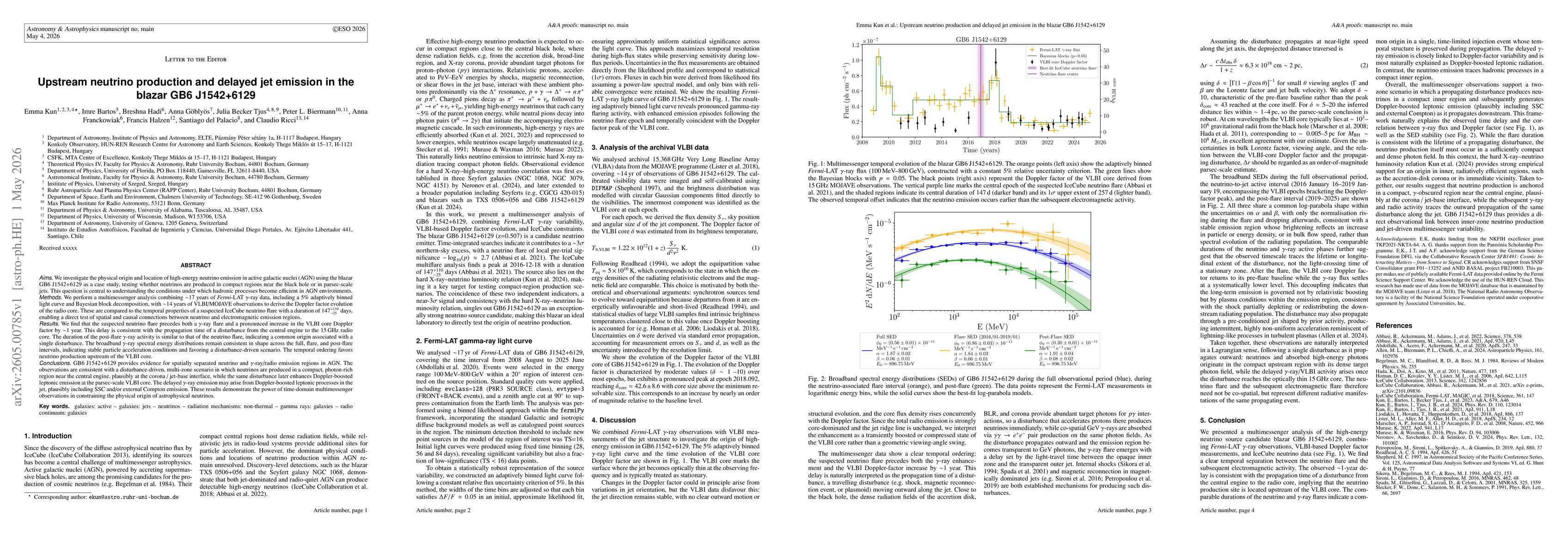 Thumbnail for Upstream neutrino production and delayed jet emission in the blazar GB6 J1542+6129